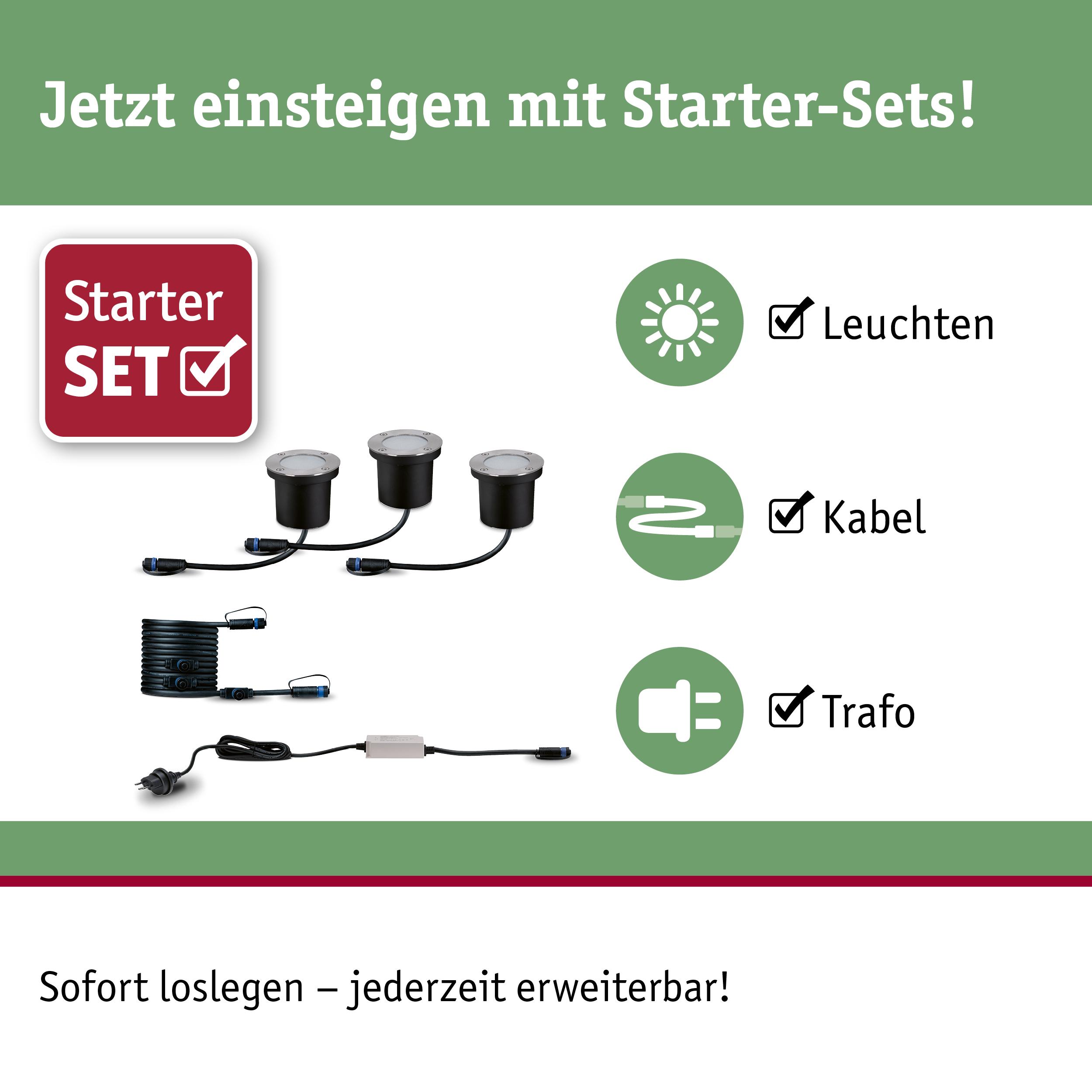 Starter-Set mit drei schwarzen LED-Leuchten, Kabel und Trafo für einfache Gartenbeleuchtung.