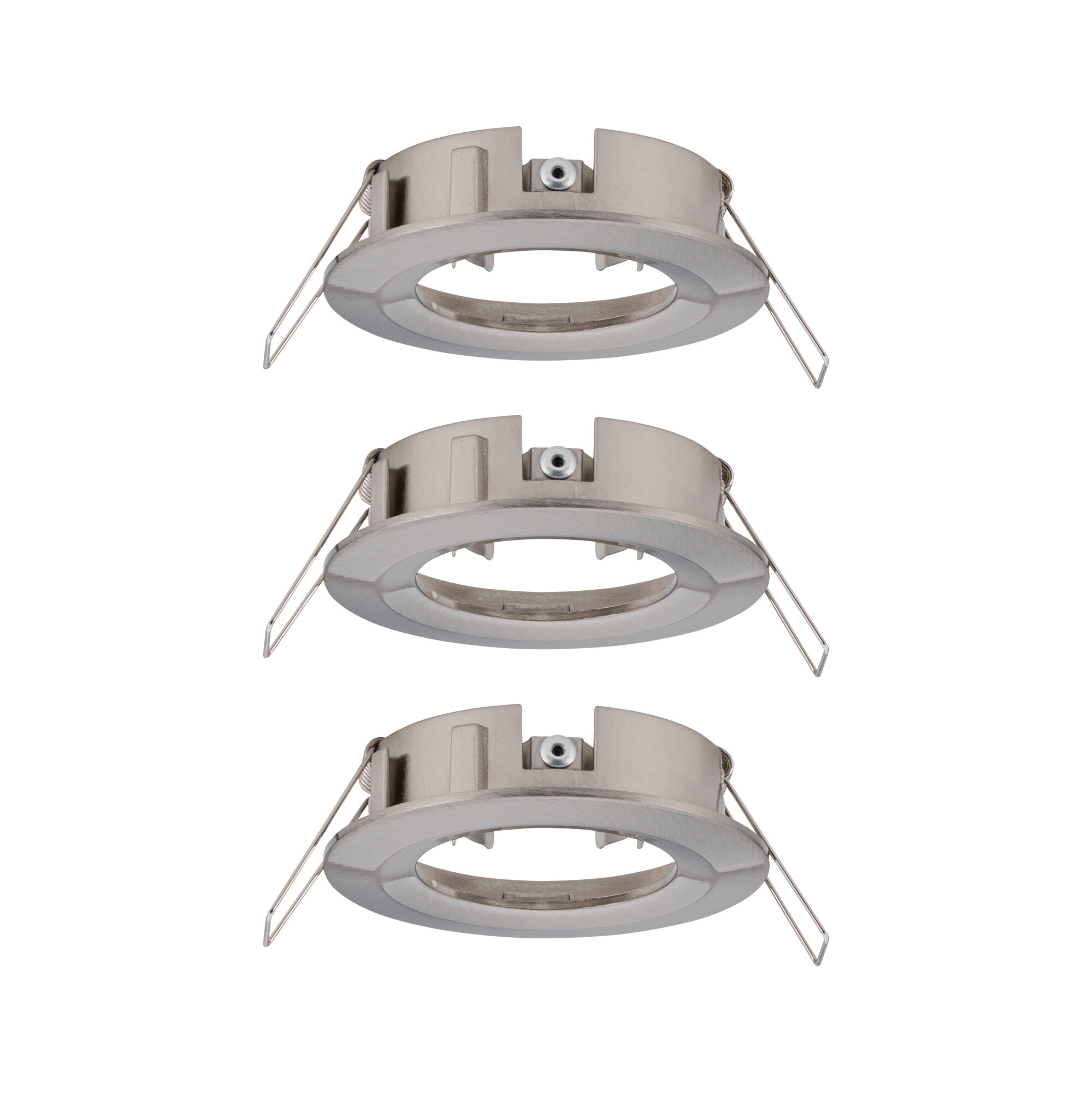 Three round brushed stainless steel recessed frames in silver for LED spotlights.