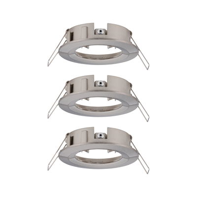 Three round brushed stainless steel recessed frames in silver for LED spotlights.