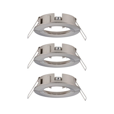 Three round brushed stainless steel recessed frames in silver for LED spotlights.
