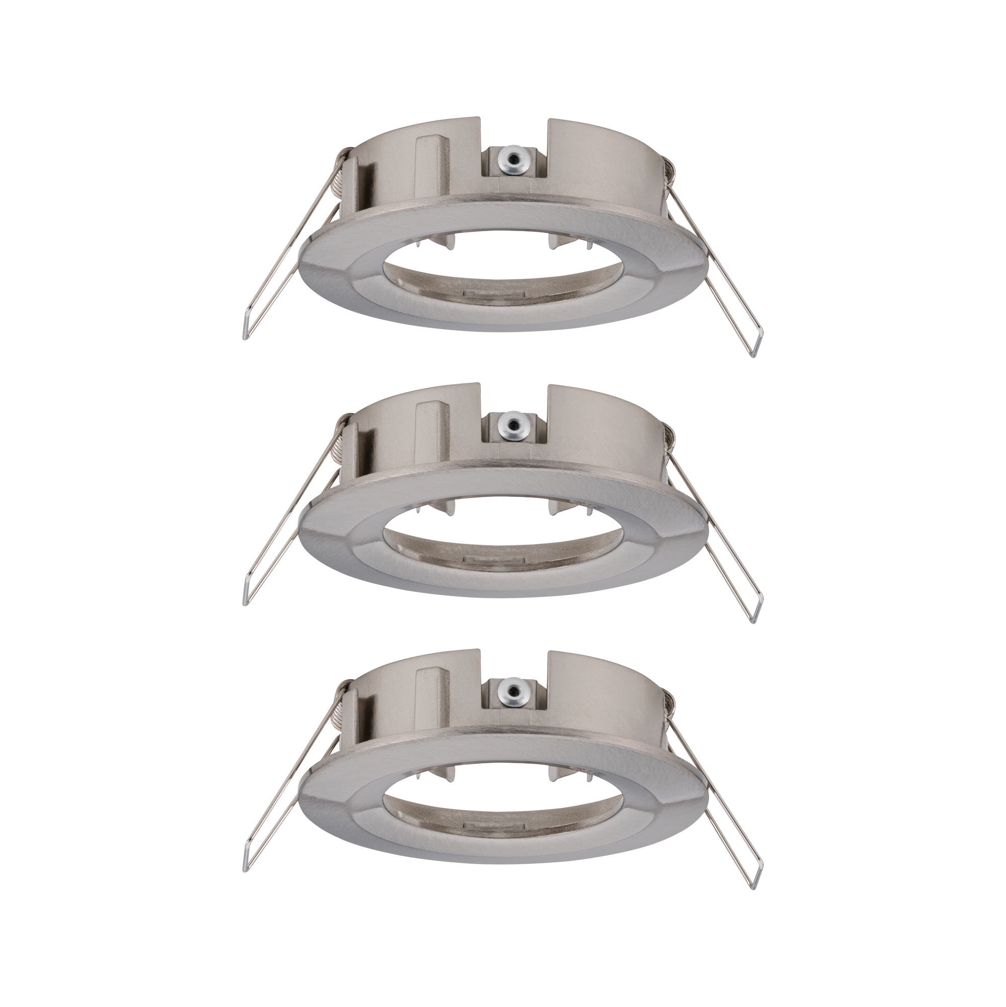 Three round brushed stainless steel recessed frames in silver for LED spotlights.