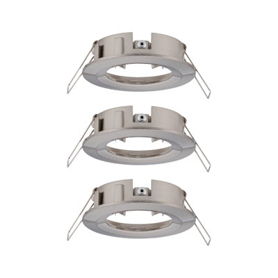 Three round brushed stainless steel recessed frames in silver for LED spotlights.