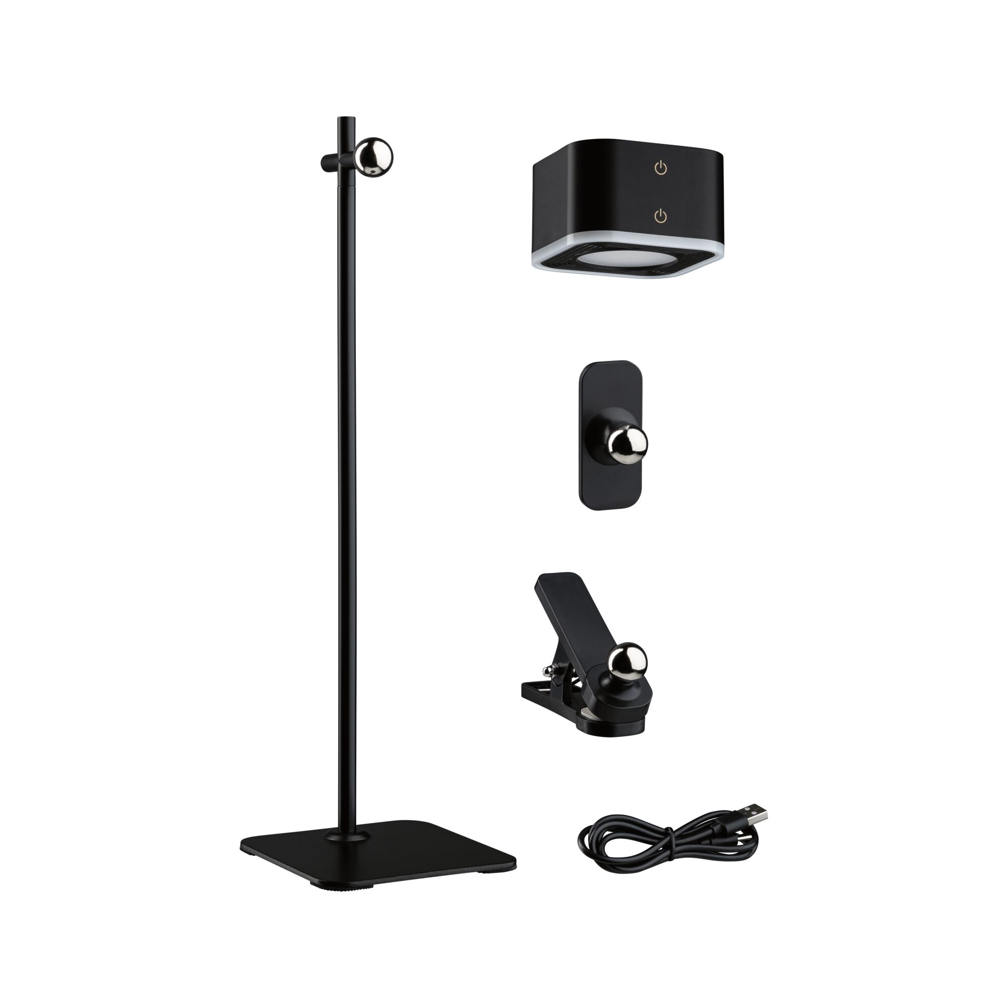 Support en métal noir avec pince, câble USB et lumière LED carrée pour un éclairage polyvalent.