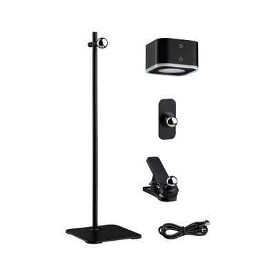 Support en métal noir avec pince, câble USB et lumière LED carrée pour un éclairage polyvalent.