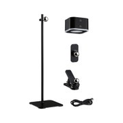 Black metal stand with clip, USB cable, and square LED light for versatile lighting solutions.