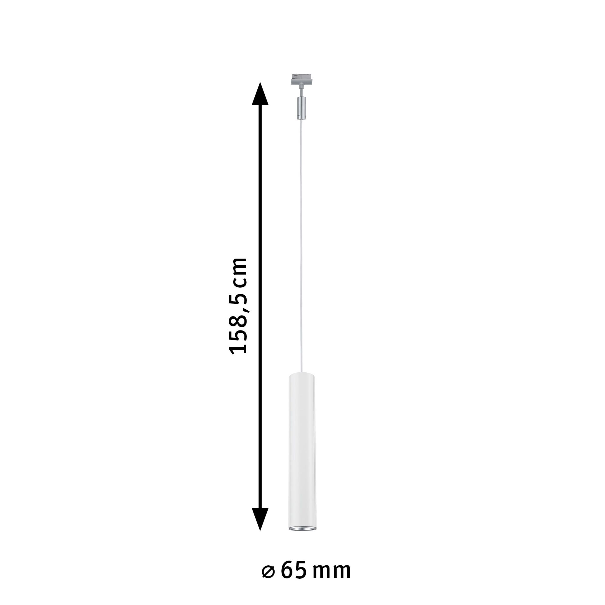 Weißer zylindrischer LED-Pendelleuchte aus Metall mit 158,5 cm Länge und 65 mm Durchmesser