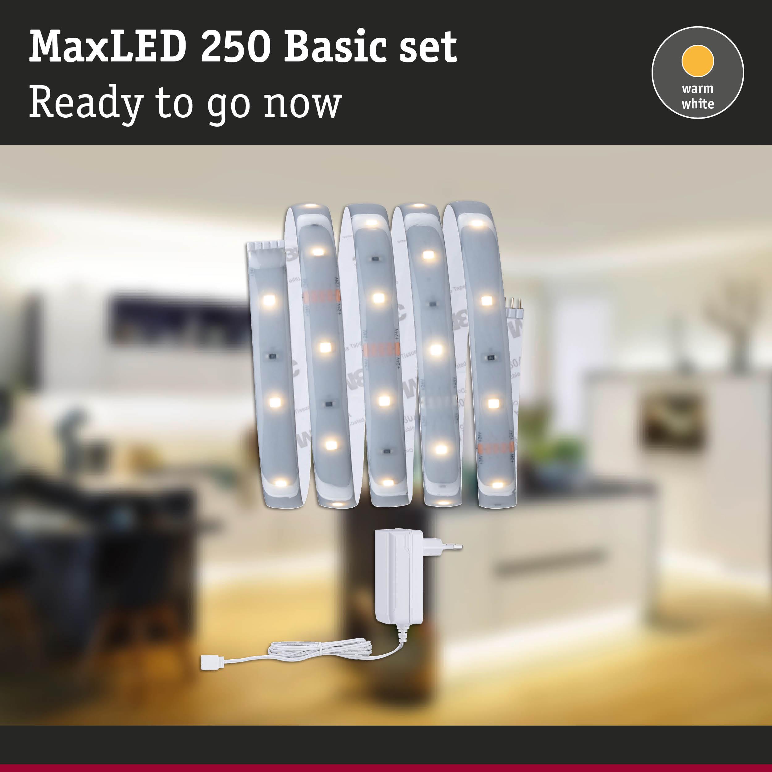 MaxLED 250 Basic set with warm white LED strips and power adapter for home lighting
