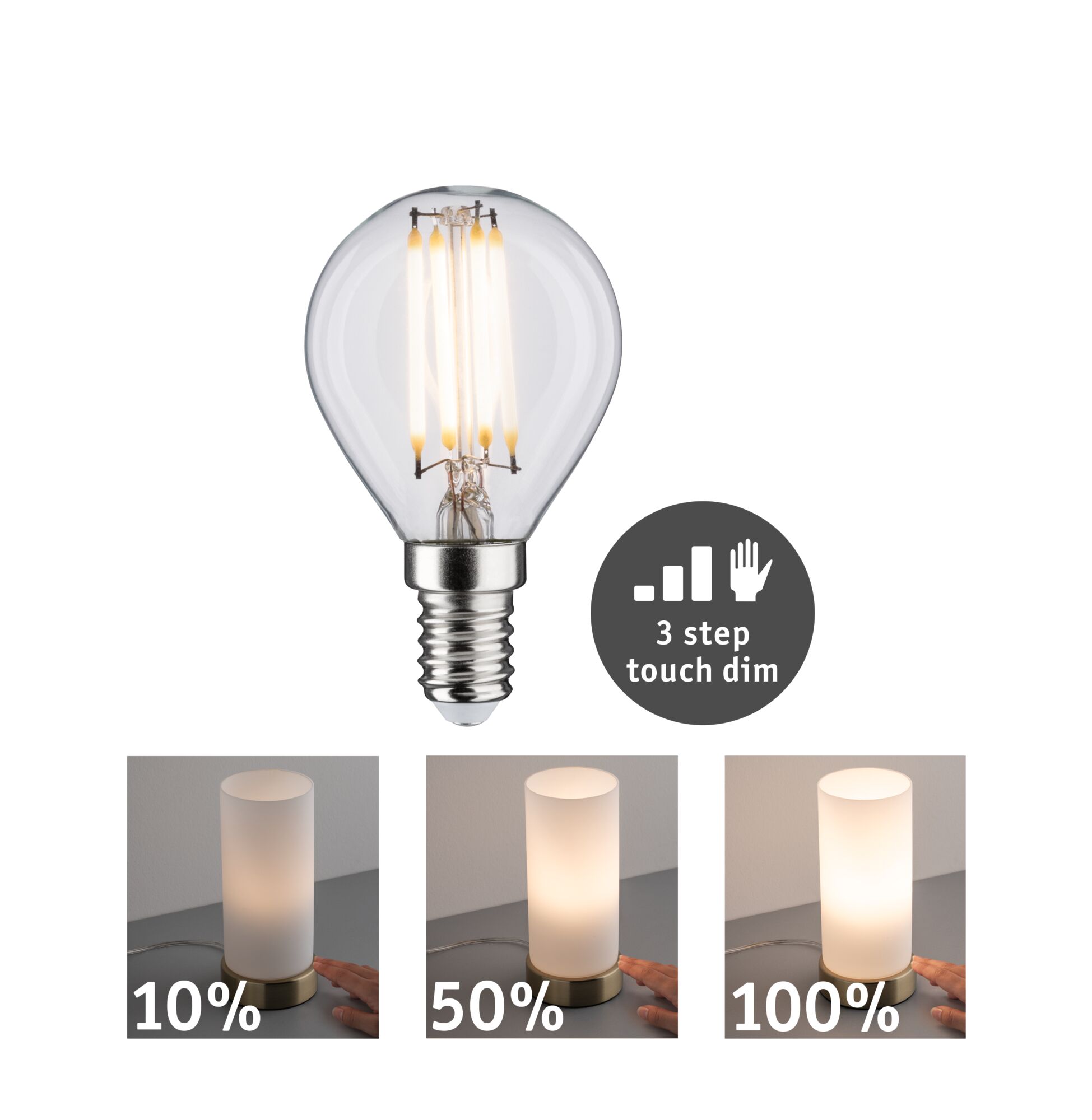 LED-Glühbirne mit E14-Sockel und 3-stufiger Touch-Dimmfunktion für stimmungsvolle Beleuchtung.