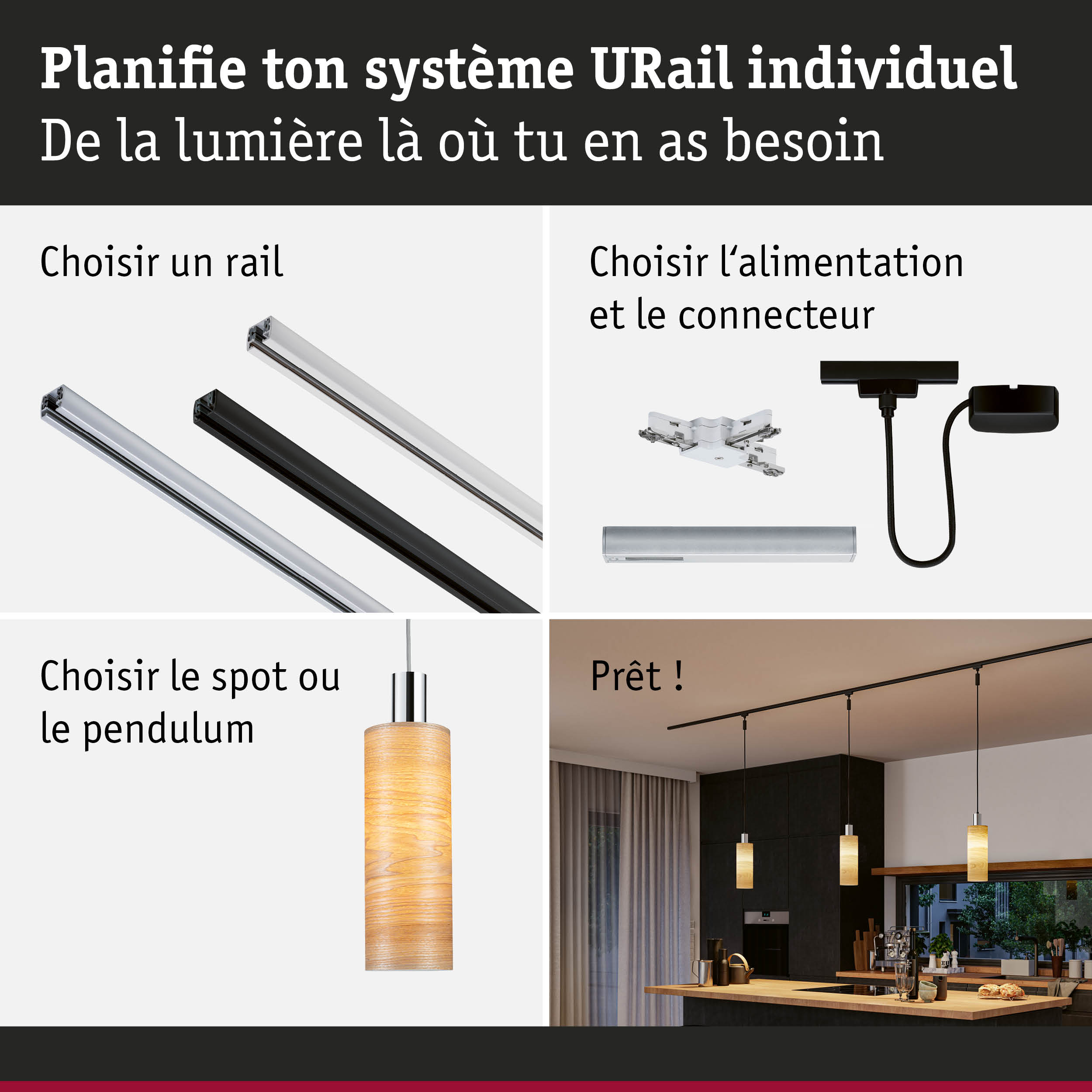 Guide étape par étape pour système d'éclairage URail avec rails noirs et argentés et suspensions lumineuses