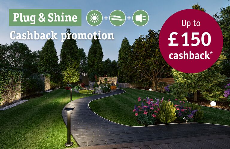 Oświetlona ścieżka ogrodowa z czarnymi lampami LED Plug & Shine i promocją cashback do 150 funtów