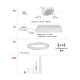 Technical drawing showing five white LED recessed spotlights, power supply, and 10m cable for LED lighting