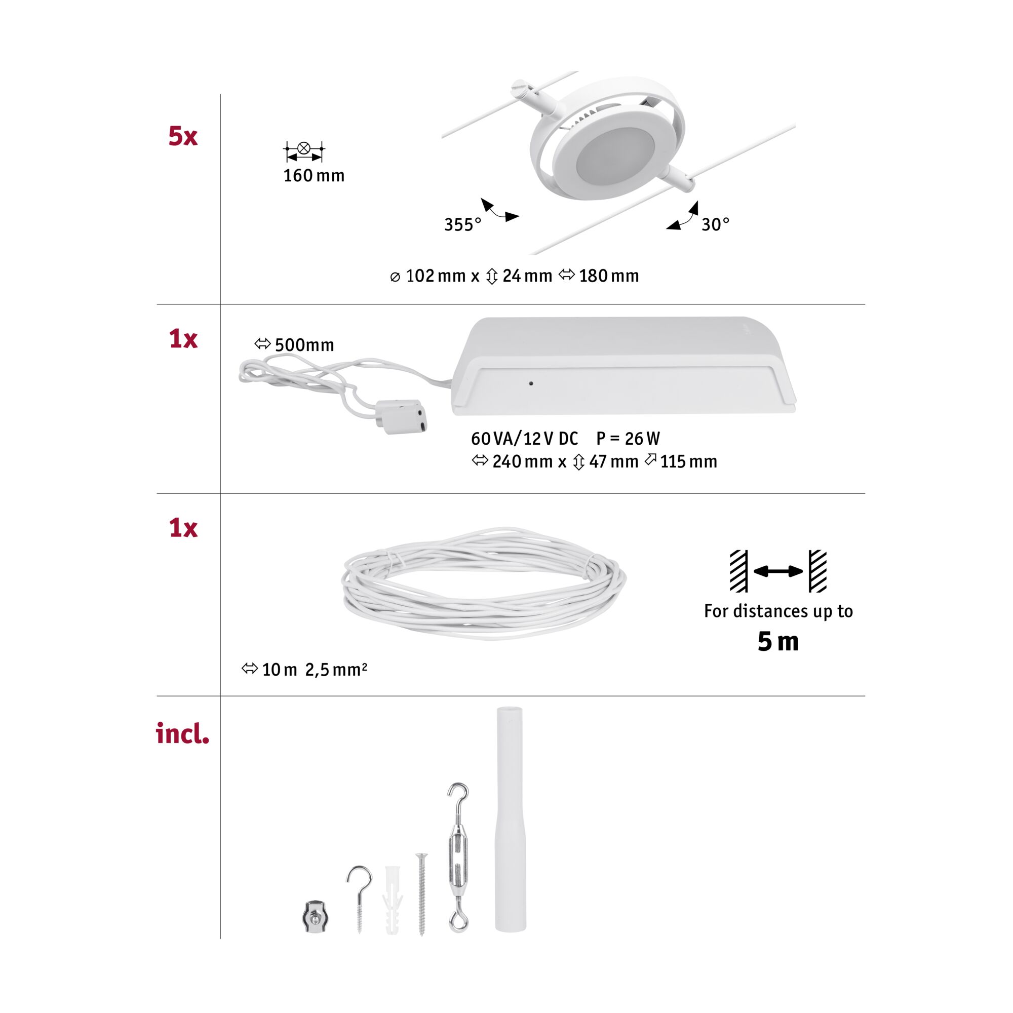 Technical drawing showing five white LED recessed spotlights, power supply, and 10m cable for LED lighting
