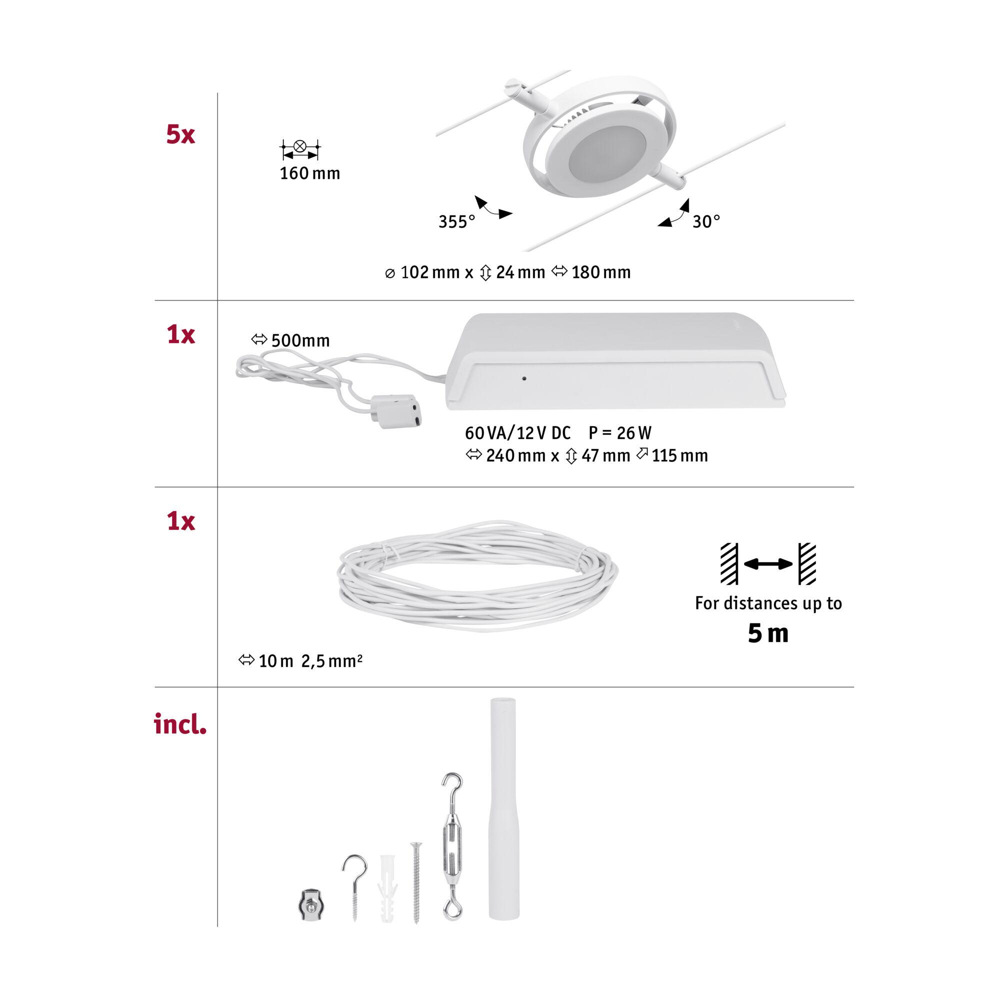 Technical drawing of white LED recessed ceiling spotlight 160 mm diameter with accessories for lighting systems