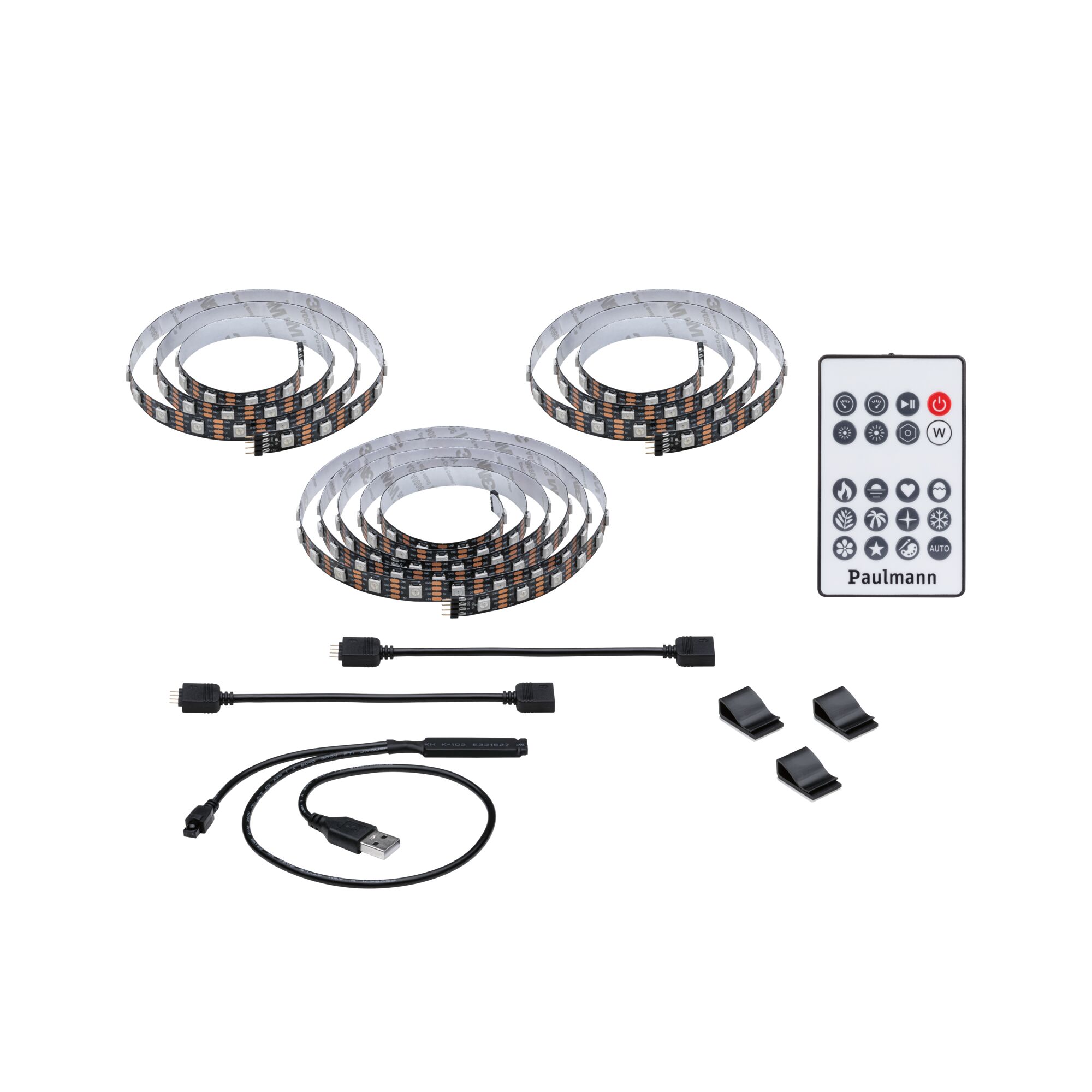 LED-stripset met drie flexibele strips, afstandsbediening en USB-kabel voor slimme verlichting