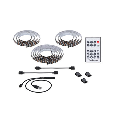 LED strip light set with three flexible strips, remote control, and USB cable for smart lighting