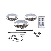 LED strip light set with remote, USB cable and black clips for flexible lighting solutions