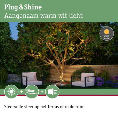 Warme witte LED-lichtsnoer om boom voor sfeervolle tuin- en terrasverlichting