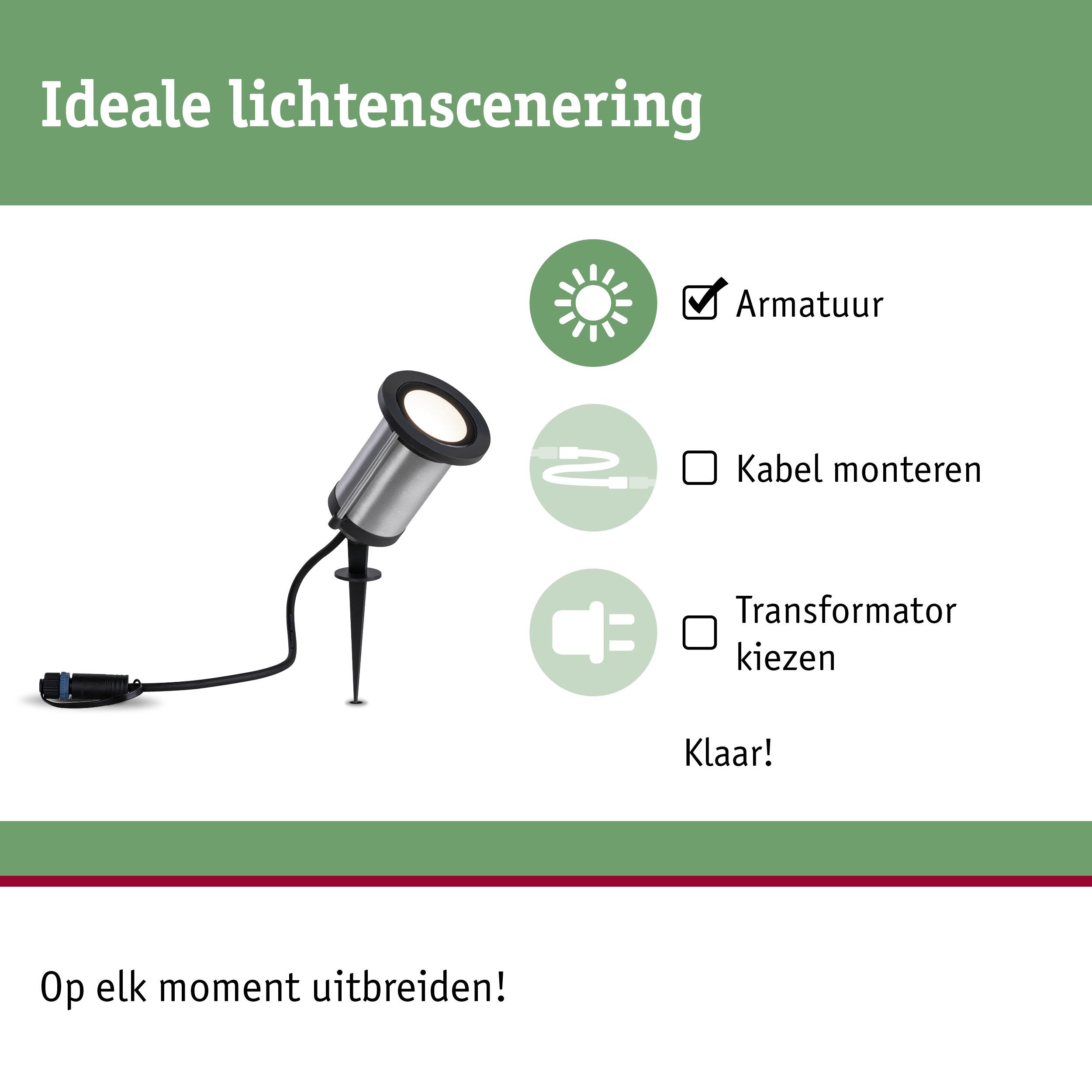 RVS LED-tuinschijnwerper met zwarte rand en grondpen voor flexibele buitenverlichting