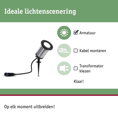 RVS LED-tuinschijnwerper met zwarte rand en grondpen voor flexibele buitenverlichting