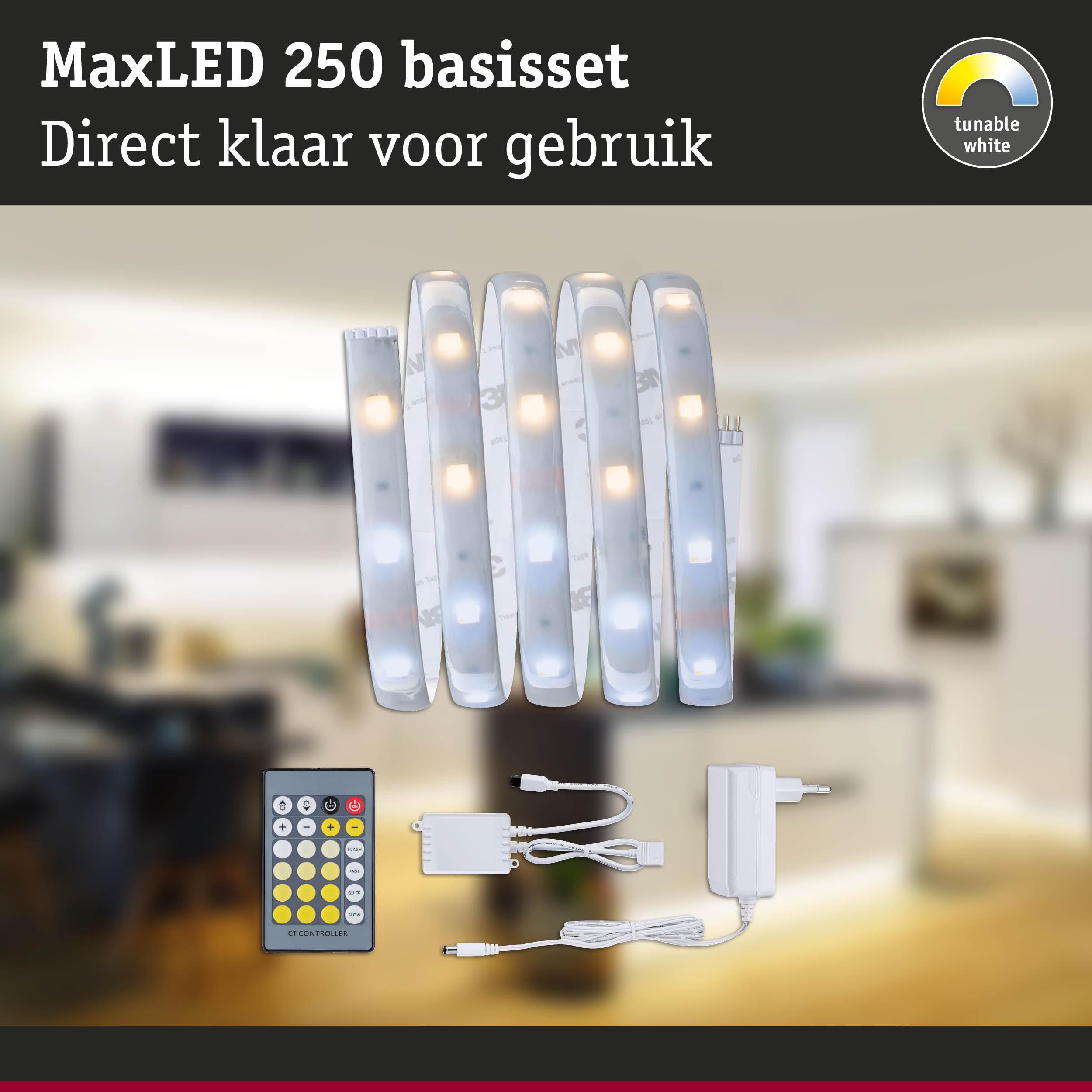 MaxLED 250 LED-lichtstrip set met afstandsbediening en adapter, instelbaar wit voor woonverlichting