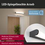 LED-Spiegelleuchte Arneb in mattem Schwarz RAL 9004 mit klassisch reduziertem Design für Badezimmer.