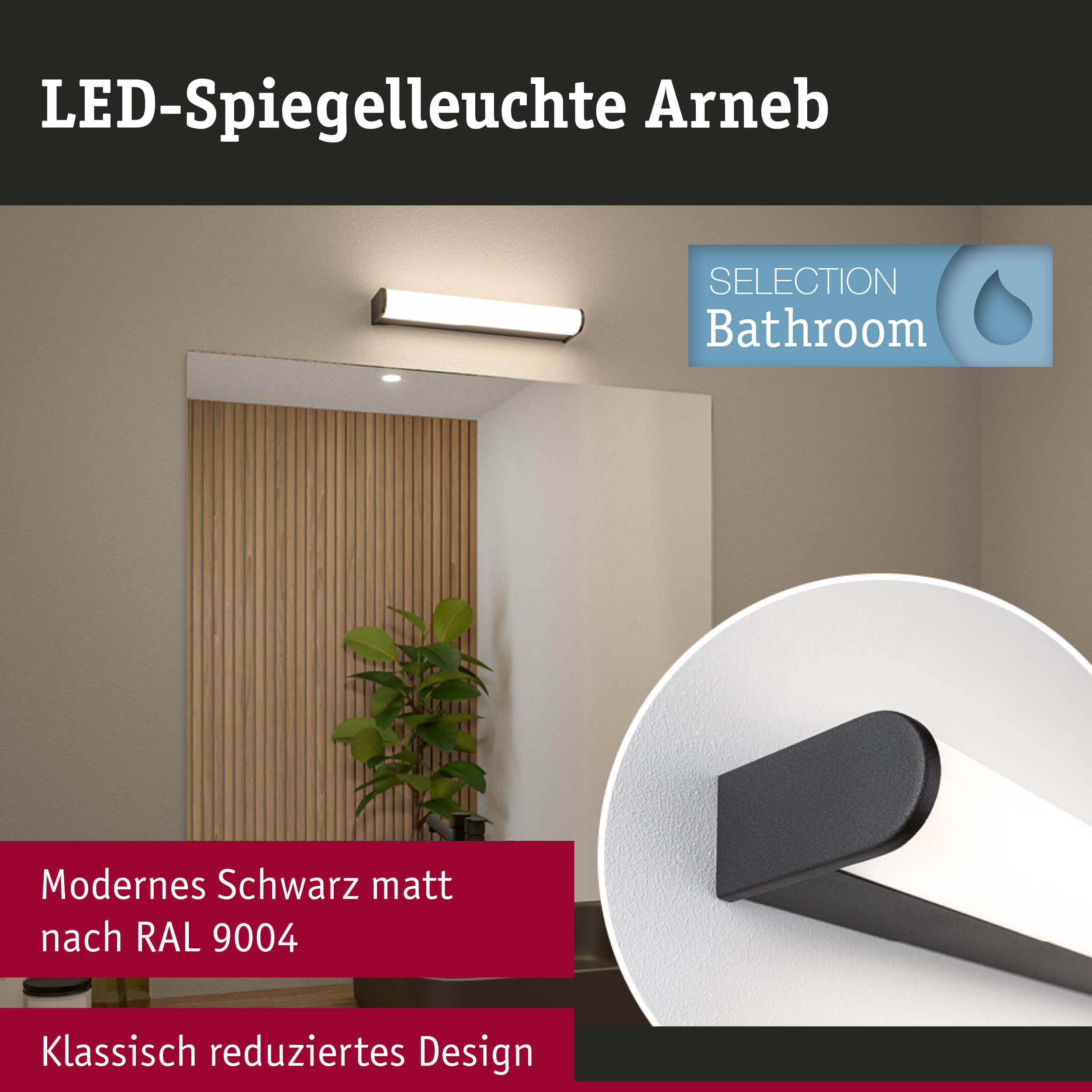 LED-Spiegelleuchte Arneb in mattem Schwarz RAL 9004 mit klassisch reduziertem Design für Badezimmer