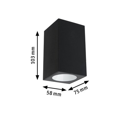 Sort rektangulær LED-loftlampe i metal med målene 103x75x58 mm til moderne indendørs belysning