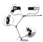 Silver metal LED desk lamp with adjustable joints and black cable for flexible lighting and workspace use.