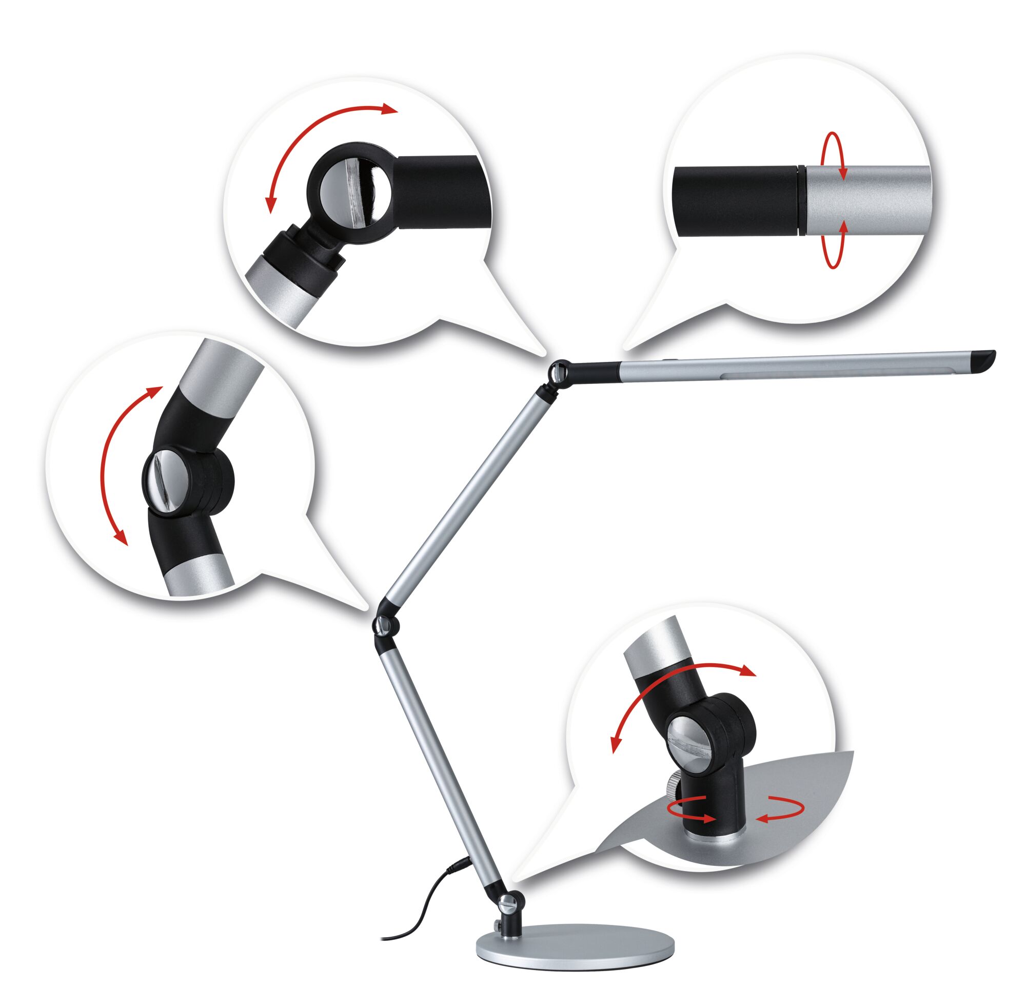 Silver metal LED desk lamp with adjustable joints and black cable for flexible lighting and workspace use.