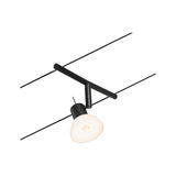 Black LED cable spotlight with white glass lampshade for modern lighting solutions.