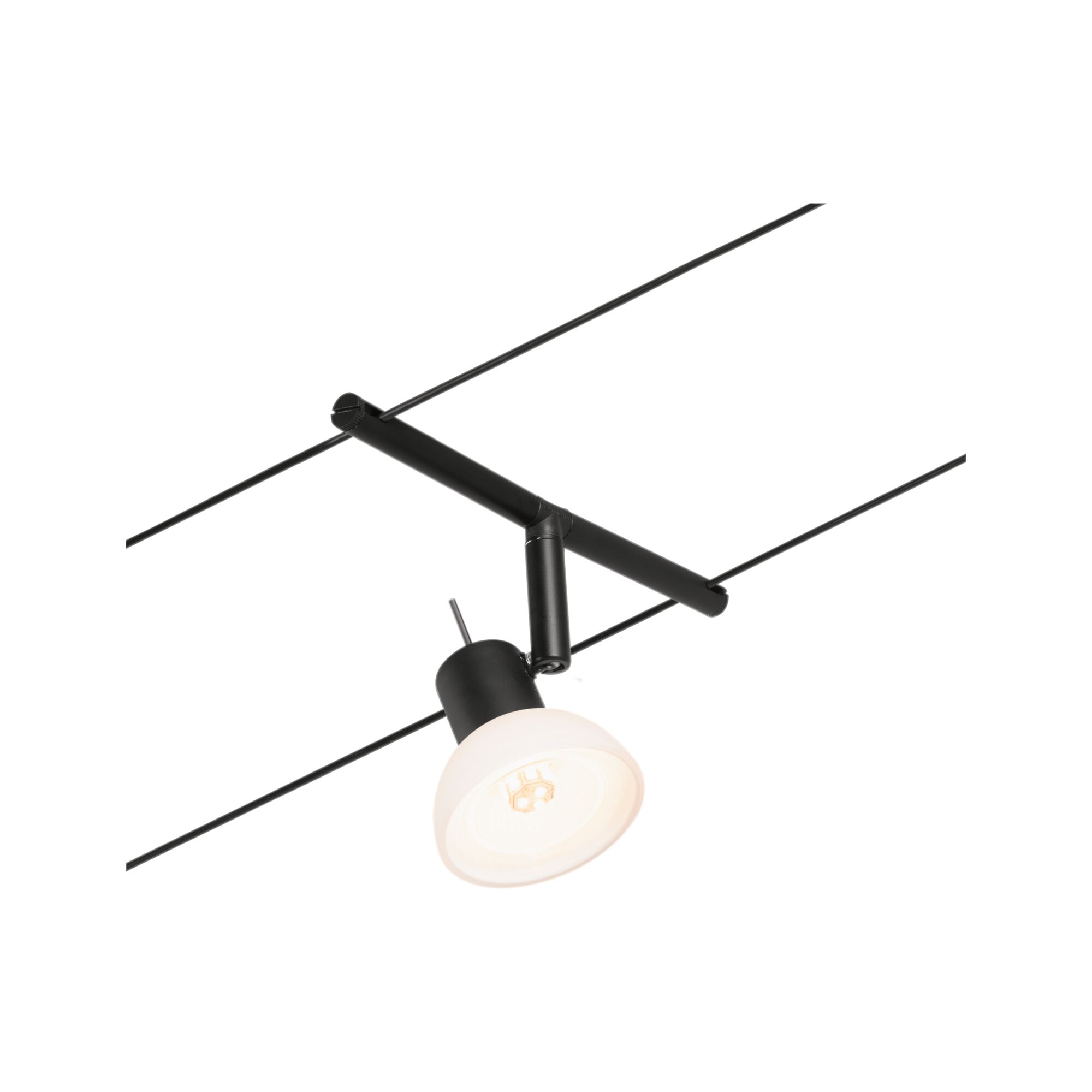 Schwarze LED-Seilstrahlerleuchte mit weißem Lampenschirm aus Glas für moderne Beleuchtung.