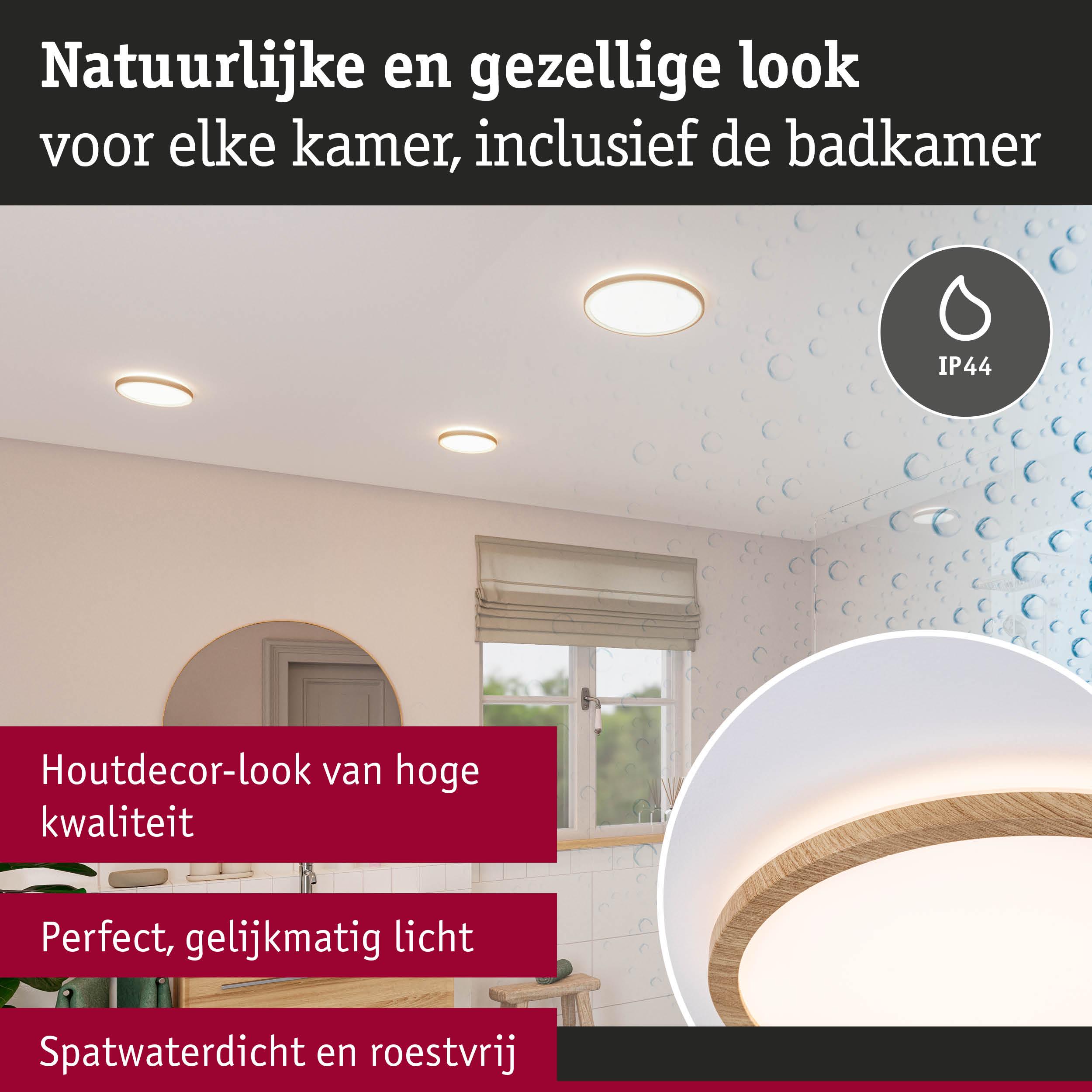Ronde plafondlamp met houtdecor en IP44, spatwaterdicht voor badkamer, gelijkmatig warm wit licht