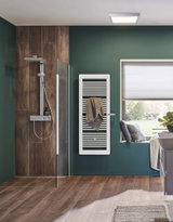 Modernes Badezimmer mit weißem Handtuchheizkörper an grünem Wandhintergrund und Holzfliesenboden