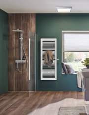 Modernes Badezimmer mit weißem Handtuchheizkörper an grünem Wandhintergrund und Holzfliesenboden