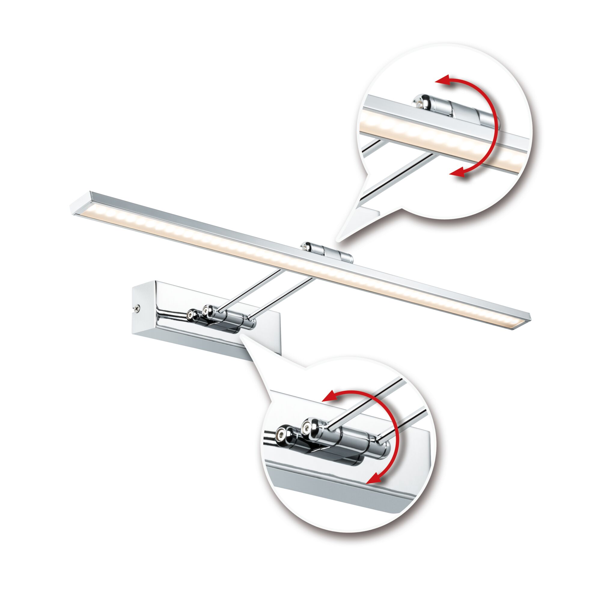 Chroomkleurige LED-kunstlicht met draaibare kop voor flexibele verlichting in woonruimtes.