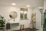 Salle de bain moderne avec plafonniers ronds, meuble-lavabo vert et robinet noir dans la douche