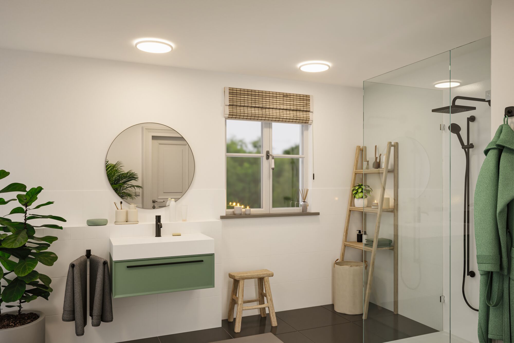 Modernes Badezimmer mit runden Deckenleuchten, grünem Waschbeckenunterschrank und schwarzer Armatur