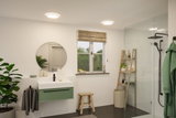Salle de bain moderne avec plafonniers ronds, meuble-lavabo vert et robinet noir dans la douche