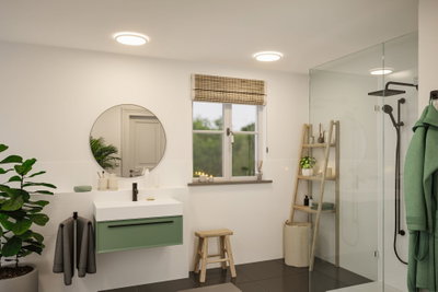 Salle de bain moderne avec plafonniers ronds, meuble-lavabo vert et robinet noir dans la douche
