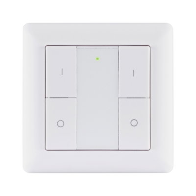 White plastic wall switch with four buttons and green LED indicator for light control