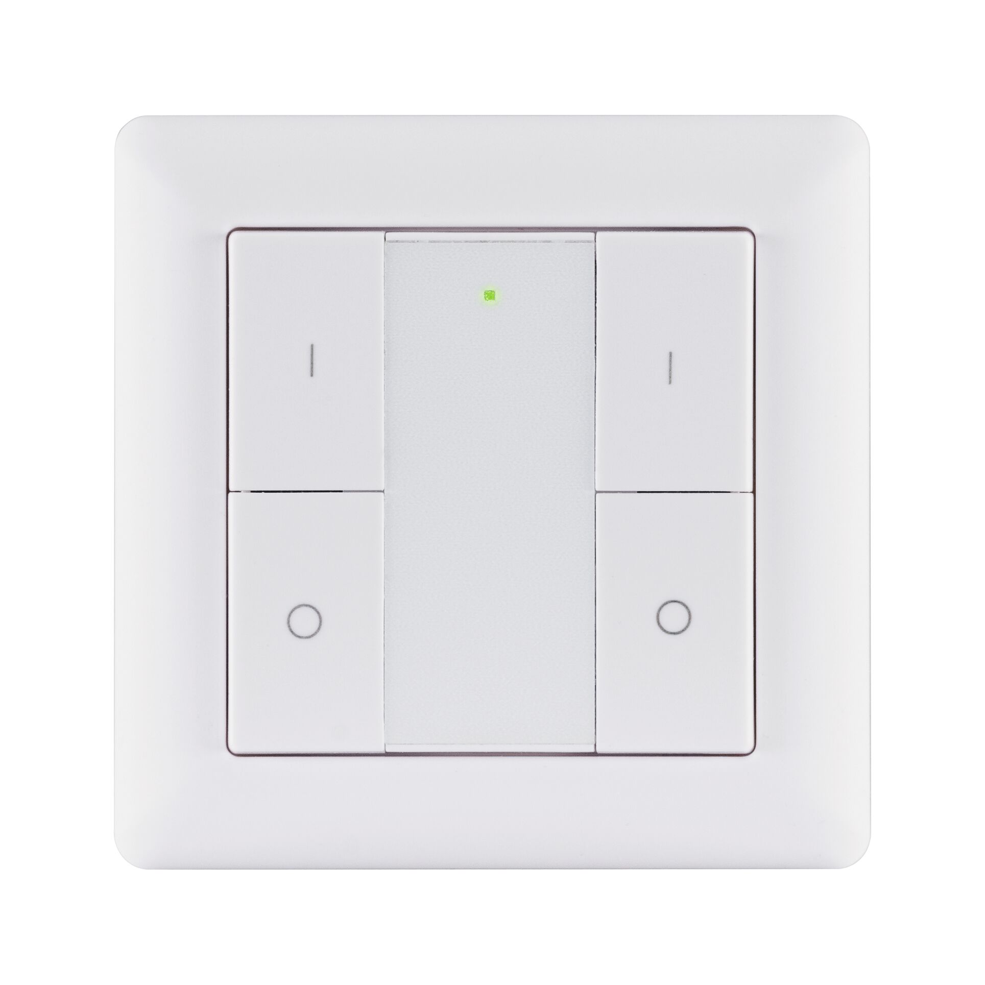 Witte kunststof wandschakelaar met vier knoppen en groene LED-indicator voor lichtregeling