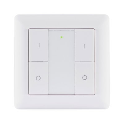 White plastic wall switch with four buttons and green LED indicator for light control