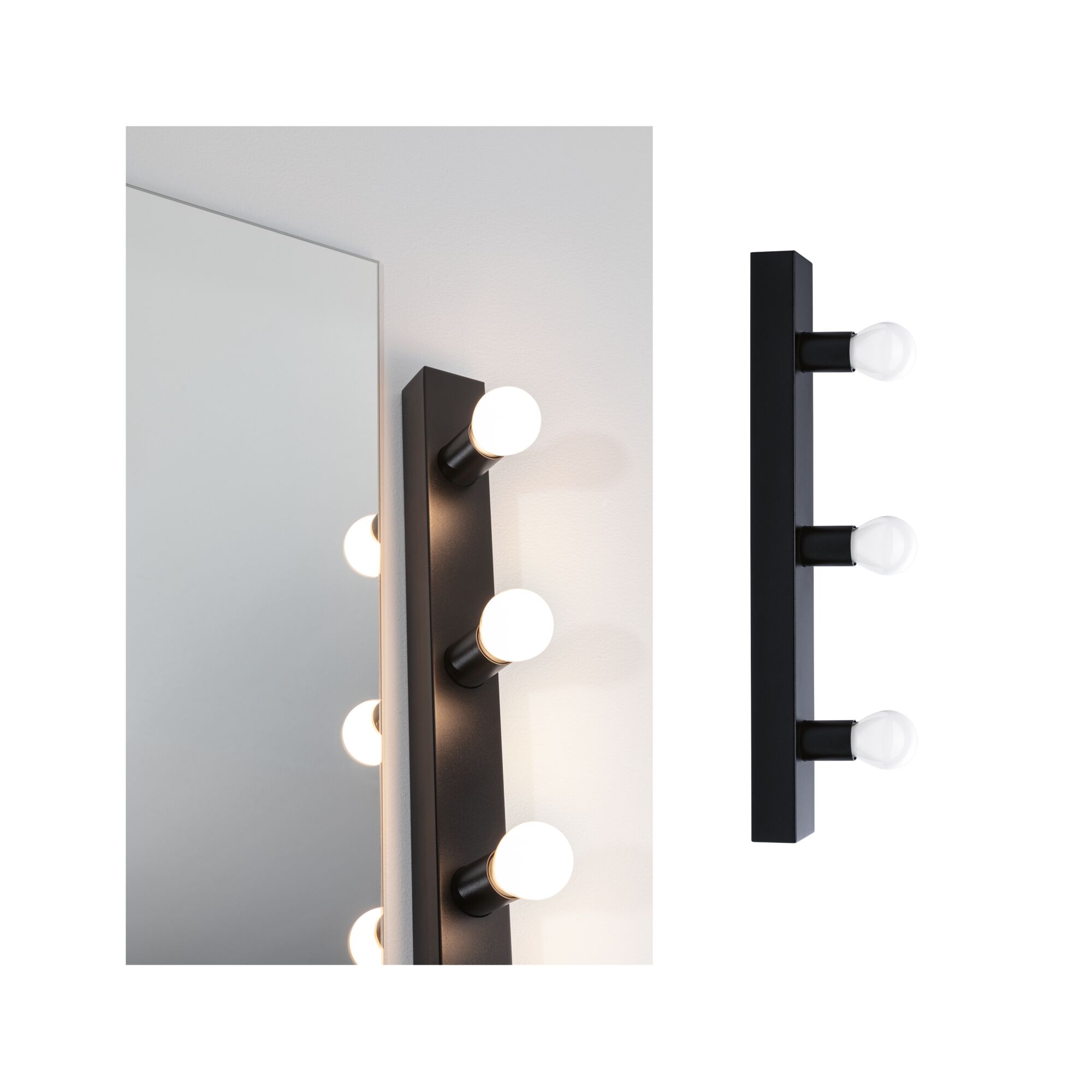 Schwarze Wandlampe mit drei runden Glühbirnen neben Spiegel, modernes LED-Wandlicht für Bad und Flur