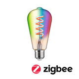 Kleurrijke LED-lamp met spiraalvormig filament en E27-fitting, compatibel met Zigbee smart home.