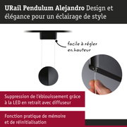 Suspension URail Pendulum noire avec LED, réglable en hauteur et diffuseur anti-éblouissement