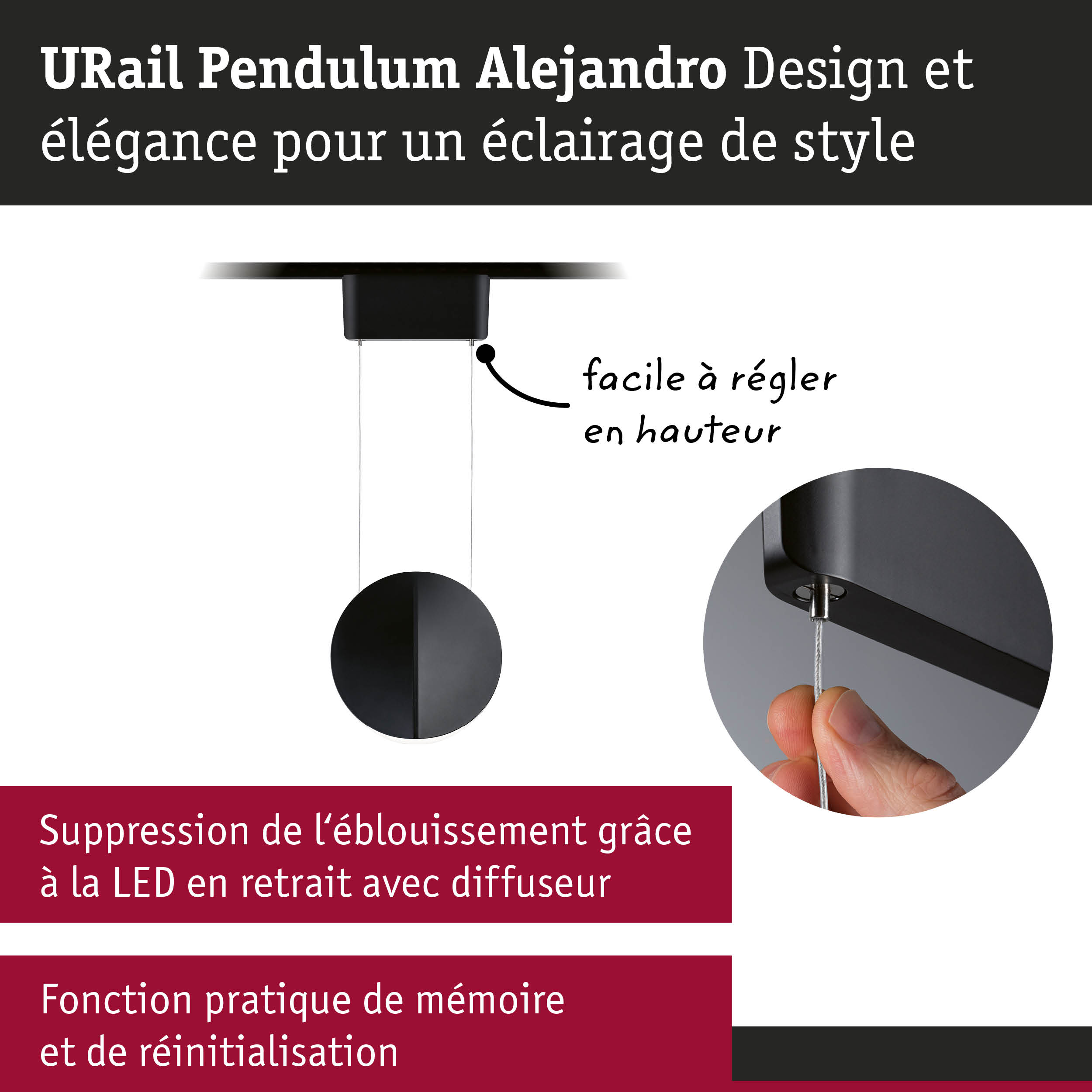 Suspension URail Pendulum noire avec LED, réglable en hauteur et diffuseur anti-éblouissement