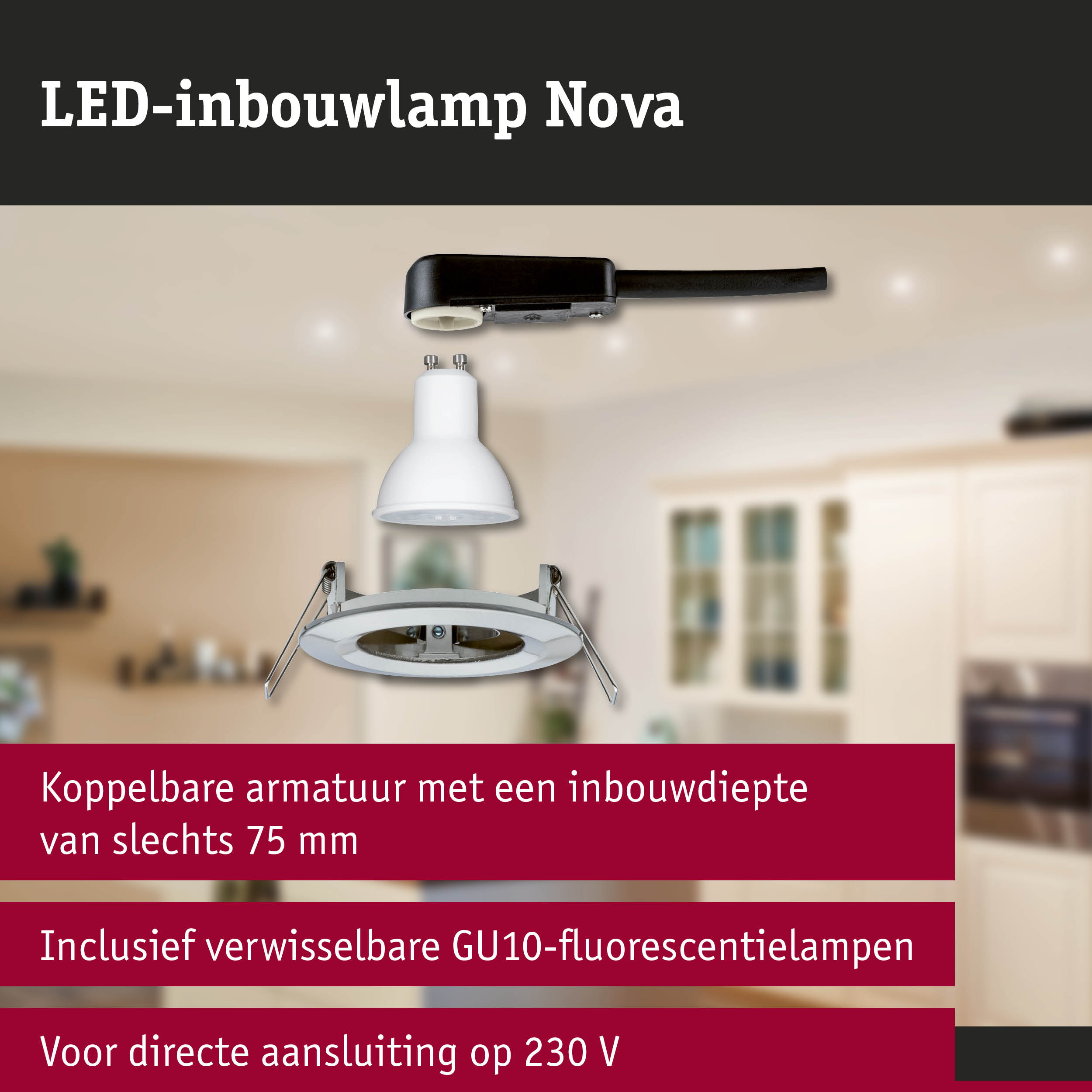 LED-inbouwlamp Nova met witte behuizing en GU10-fitting voor 230 V aansluiting