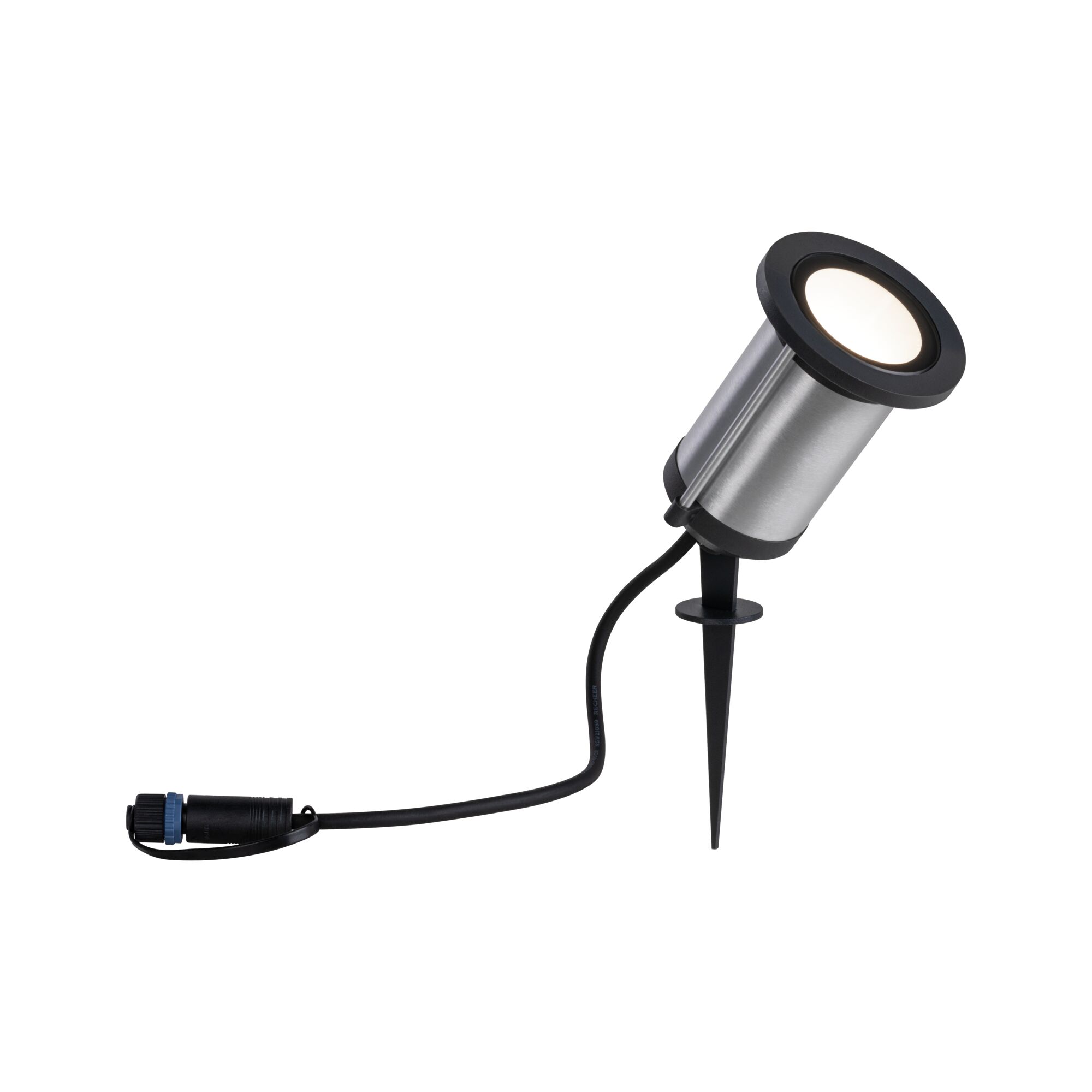 Edelstahl-Gartenstrahler mit schwarzem Erdspieß und Kabel für Außenbeleuchtung und LED-Lichtakzente