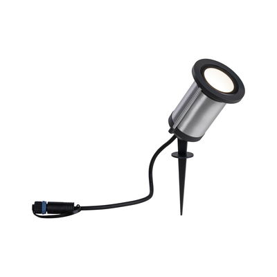 Edelstahl-Gartenstrahler mit schwarzem Erdspieß und Kabel für Außenbeleuchtung und LED-Lichtakzente