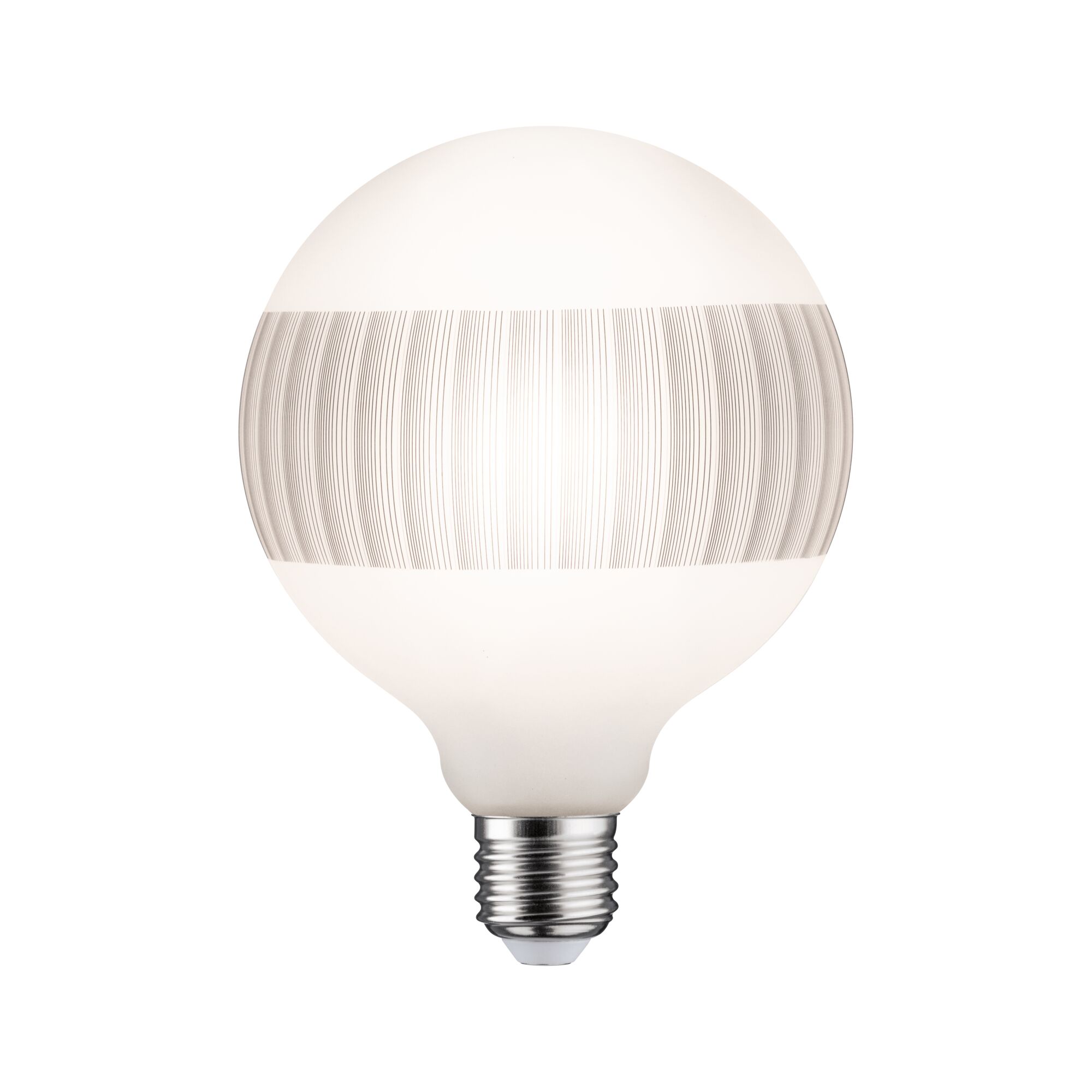 Ampoule LED ronde avec culot E27 et motif de lignes grises décoratives sur verre blanc